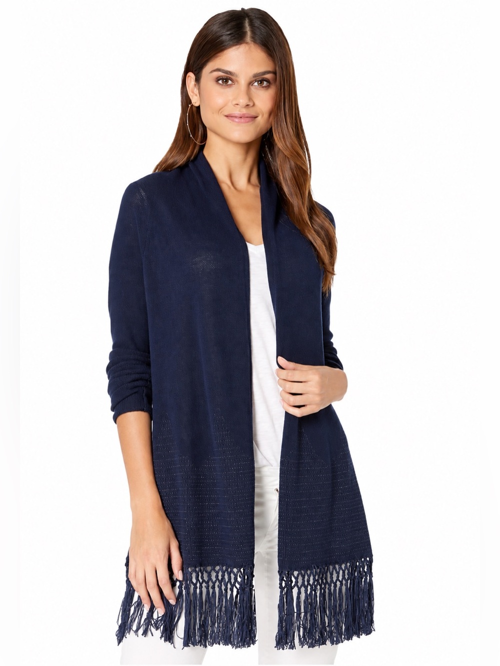 Lilly Pulitzer Tatum Navy Blue Fringe Open Front Cardigan Sweater Size S